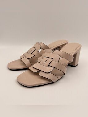 H&M Beige Woven Strap Block Heel Slide Sandals Women’s Size 8